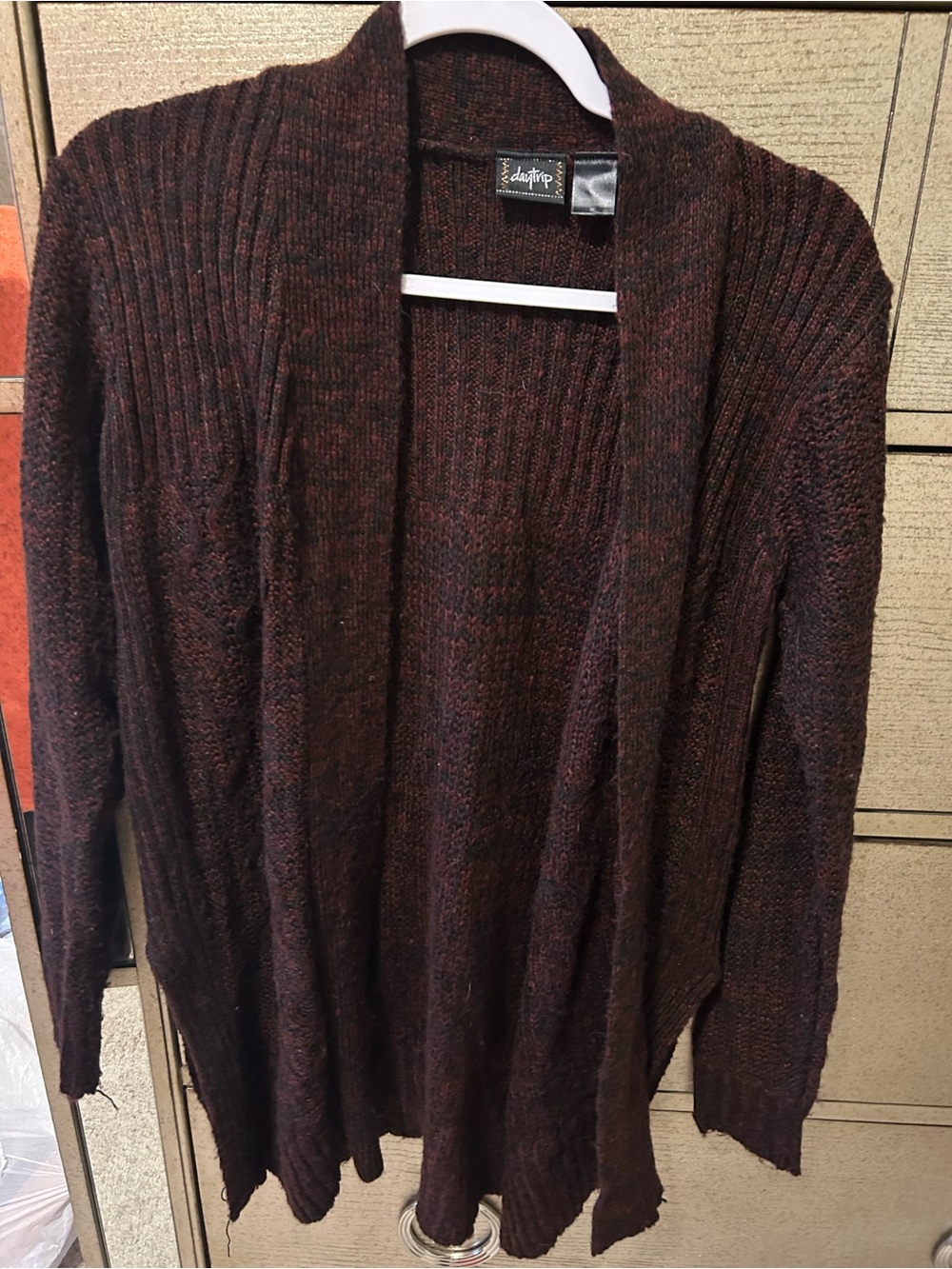 Daytrip Open-Front Knit Cardigan in Maroon and Black